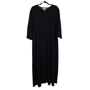 Vintage Norm Thompson 2X Black 100% Wool V-Neck 3/4 Sleeve Maxi Dress USA